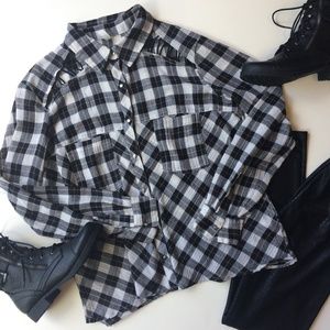 Free People Plaid Gauzy Lace Up Button Down Shirt
